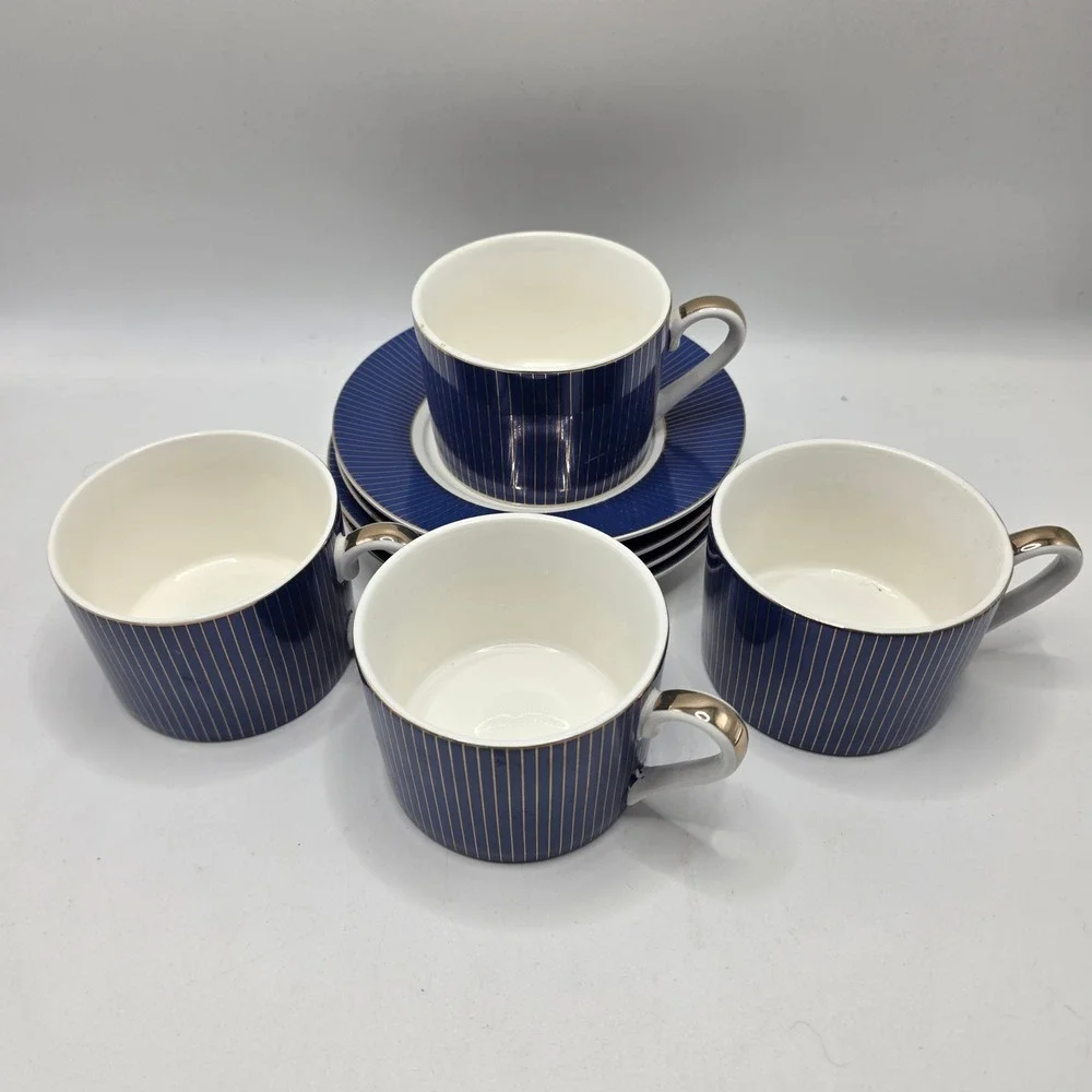 Cobalt Blue‎ Gold Pinstripe Tea Cup & Saucer Set 4 Fine Porcelain Tea Party